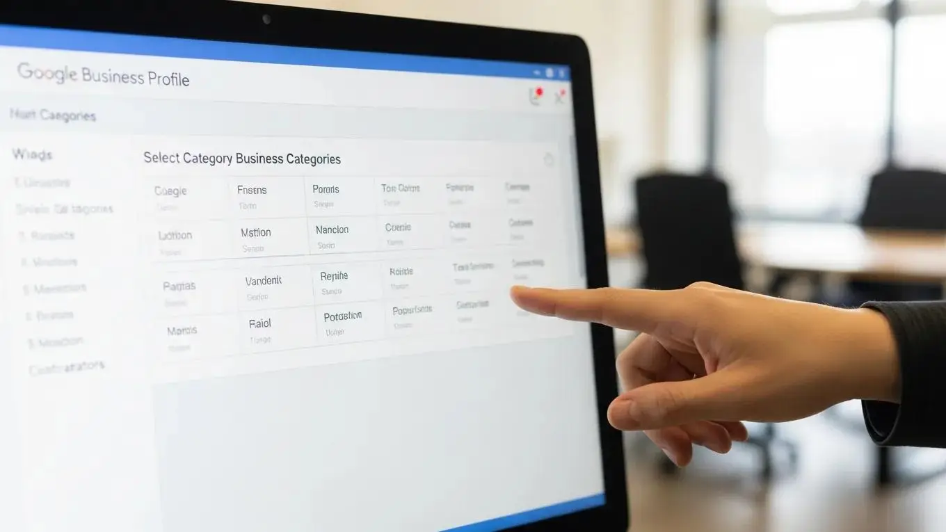 Computer screen showing Google Business Profile category selection