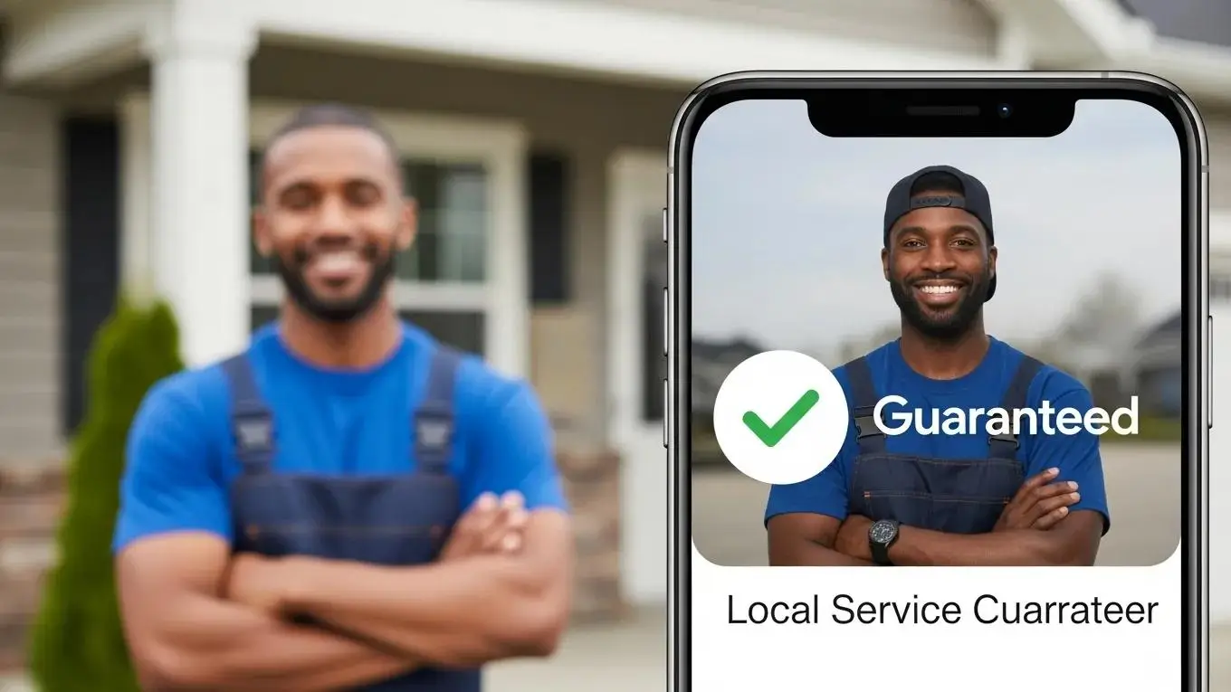 'Google Guaranteed' checkmark on smartphone with contractor in background