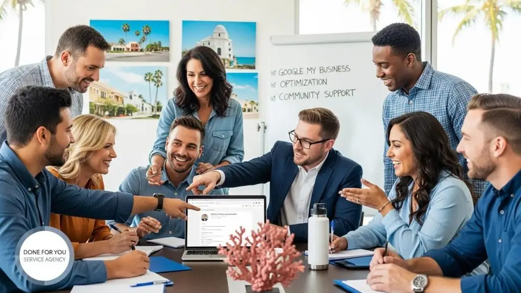Local business owners collaborating on Google Business Profile optimization in a Palm Beach County office