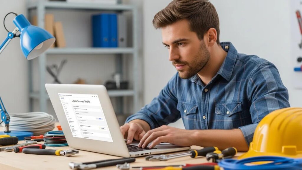 Local service contractor optimizing Google Business Profile on a laptop