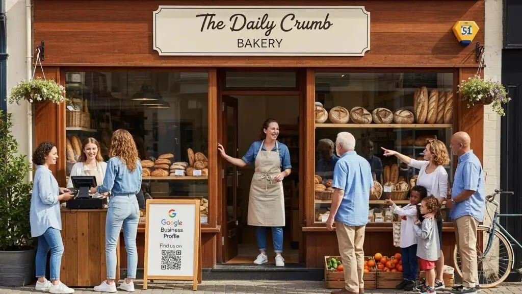 Small business owner engaging with customers, highlighting Google Business Profile's role in local SEO