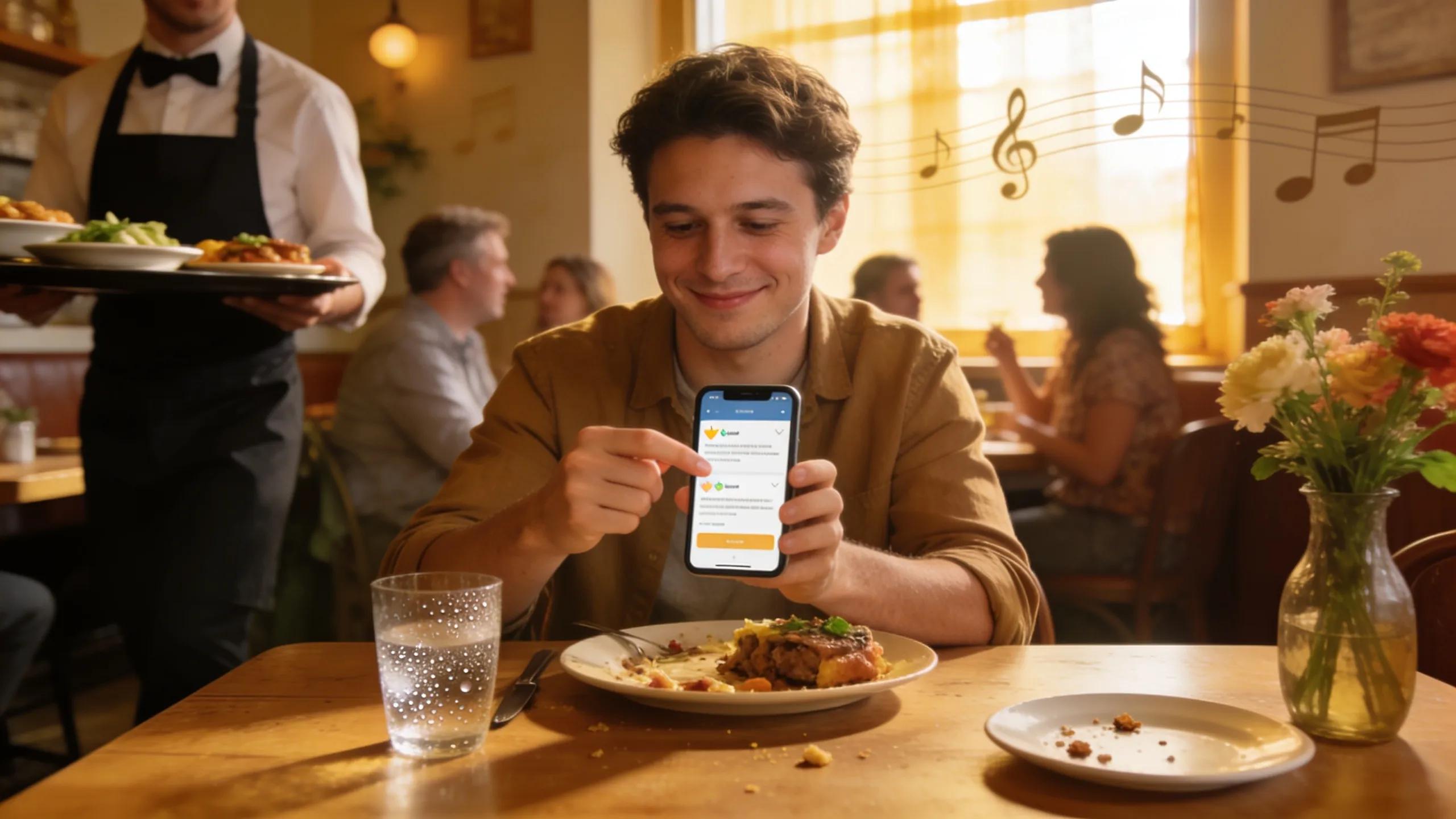 Happy customer leaving a review at a local restaurant, illustrating the impact of customer feedback on visibility