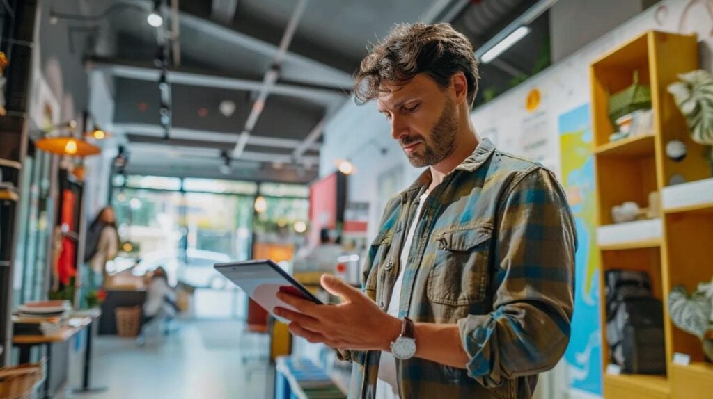 Business owner engaging with Google Business Profile in a modern office setting