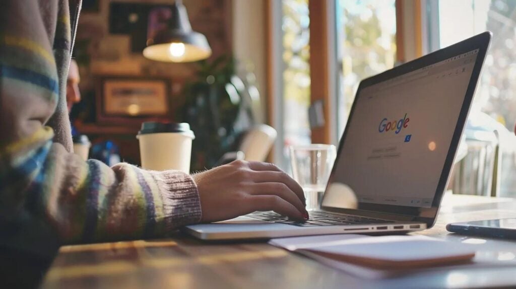 Service business owner managing Google Business Profile on a laptop in a modern workspace