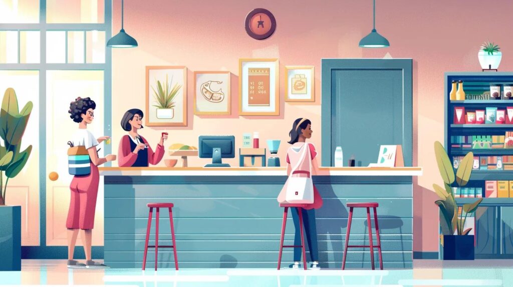 Small business owner engaging with customers in a welcoming shop environment