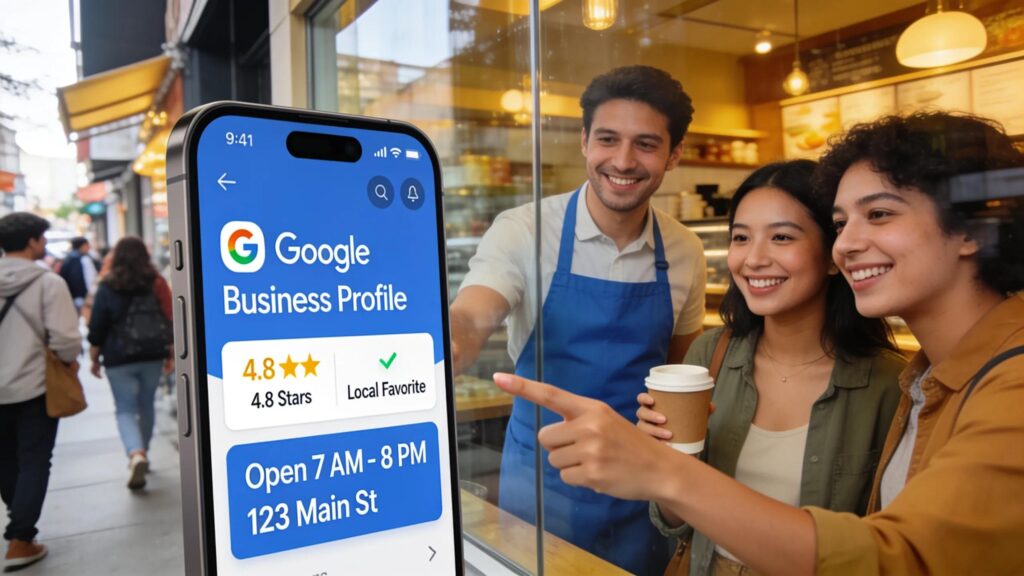 Local business with Google Business Profile on smartphone in a community setting