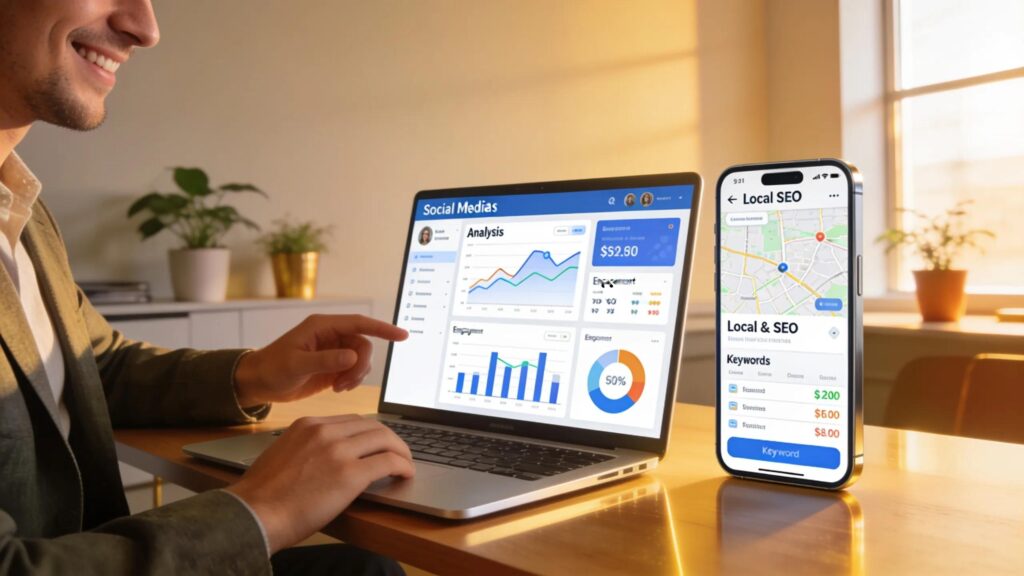 Local business owner utilizing digital marketing tools for online visibility and growth