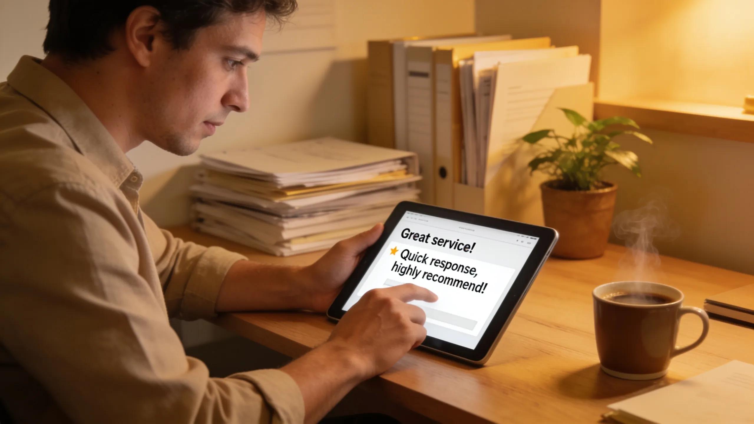 Business owner actively engaging with customers via a tablet, highlighting the importance of responding to reviews and inquiries