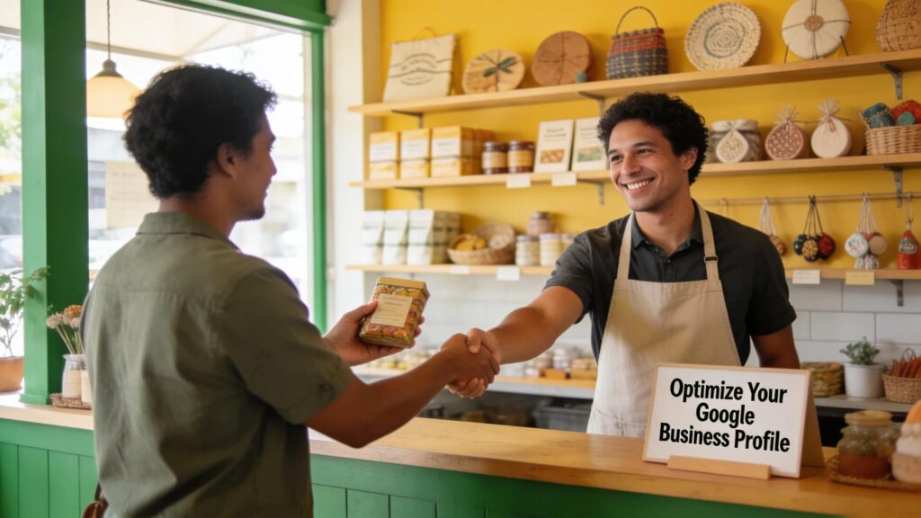 Local business owner engaging with a customer, symbolizing the impact of Google Business Profile optimization on community engagement