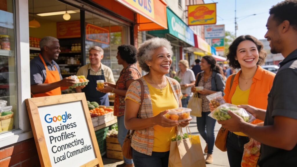 Local business owners engaging with customers, showcasing community and Google Business Profile usage